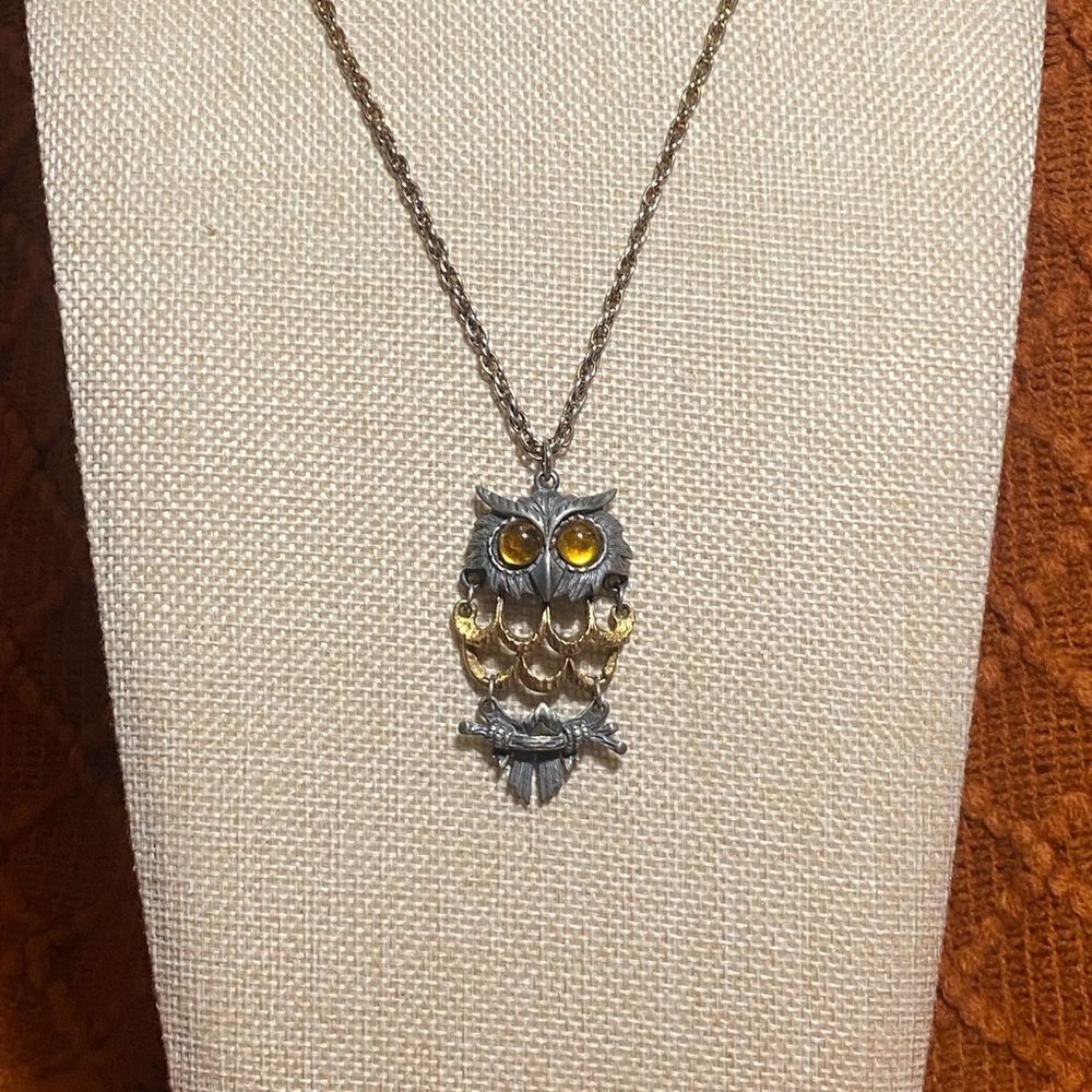 Vintage Articulated Mixed Metal Owl Pendant Necklace